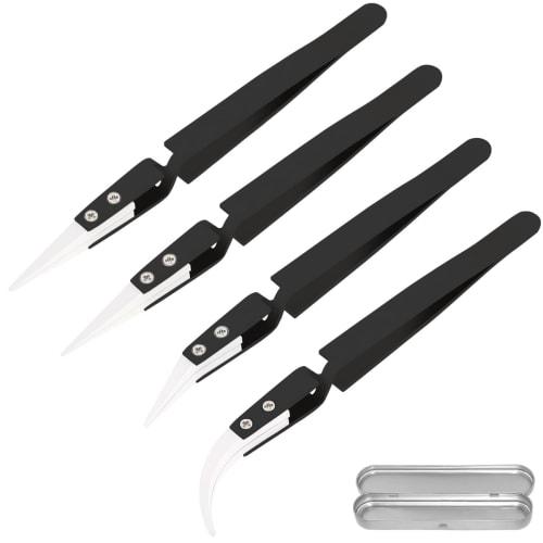 ZHUROUPU 4-Piece Reverse Tweezers, Precision Ceramic Stainless Steel ESD Tweezers with Non-Conductive Heat-Resistant Anti-Magnetic Pointed & Curved Ti