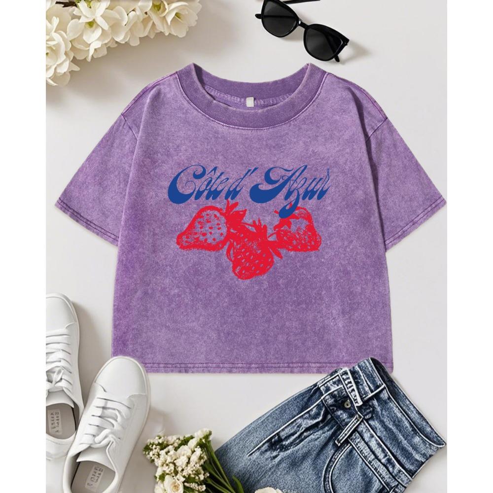 Creative Art Letter Strawberry Fruit Print Washed T Shirt Women Cotton Y2K T-Shirt Slim Crewneck Clothes Comfortable Top