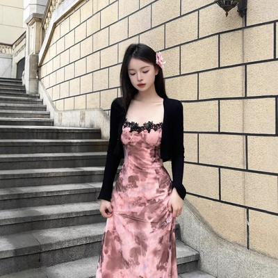 Spice Girl Sexy Suspender Dress Pure Lace Edge Temperament Waist Thin Holiday Style Floral Dress + Sun Protection