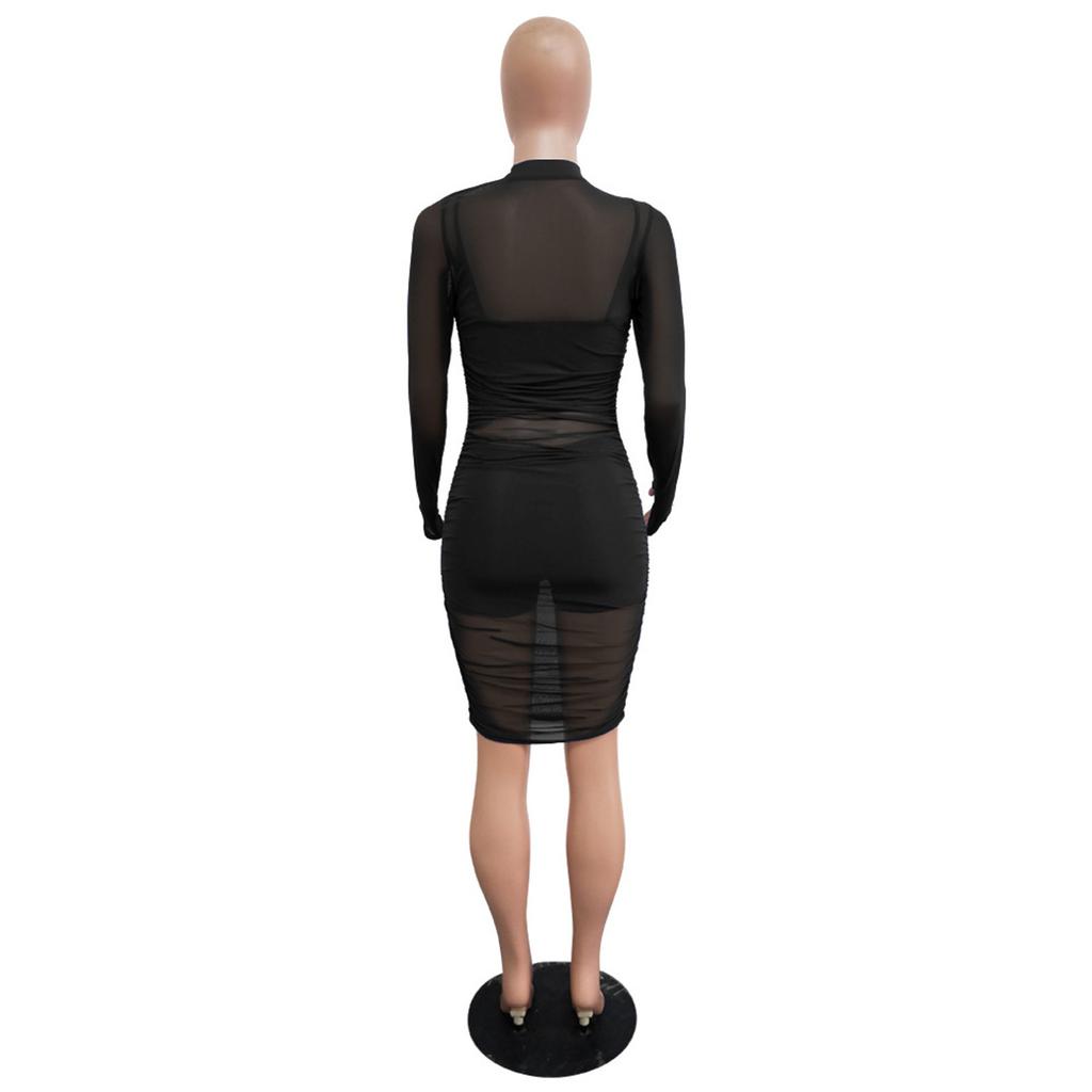 Women’s Sexy Three Piece Outfit Long Sleeve Sexy Sheer Ruched Mesh Dress with Vest and Shorts
