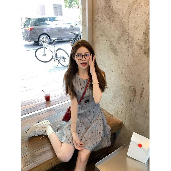 College style round neck sleeveless waist thin dress women's summer French gray short temperament vest A-shaped skirt