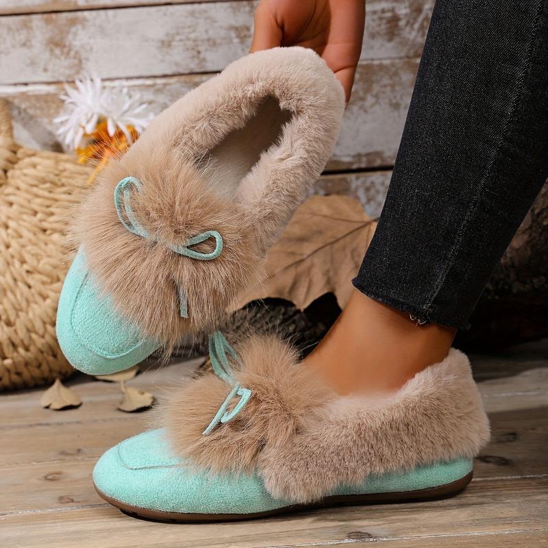 Women's Plush Slip-On Slippers with Bow - Winter Indoor/Outdoor House Shoes, Soft Cushioned TPR Sole & Plush, White/ Beige/ Brown/Dark Grey/Dark Blue