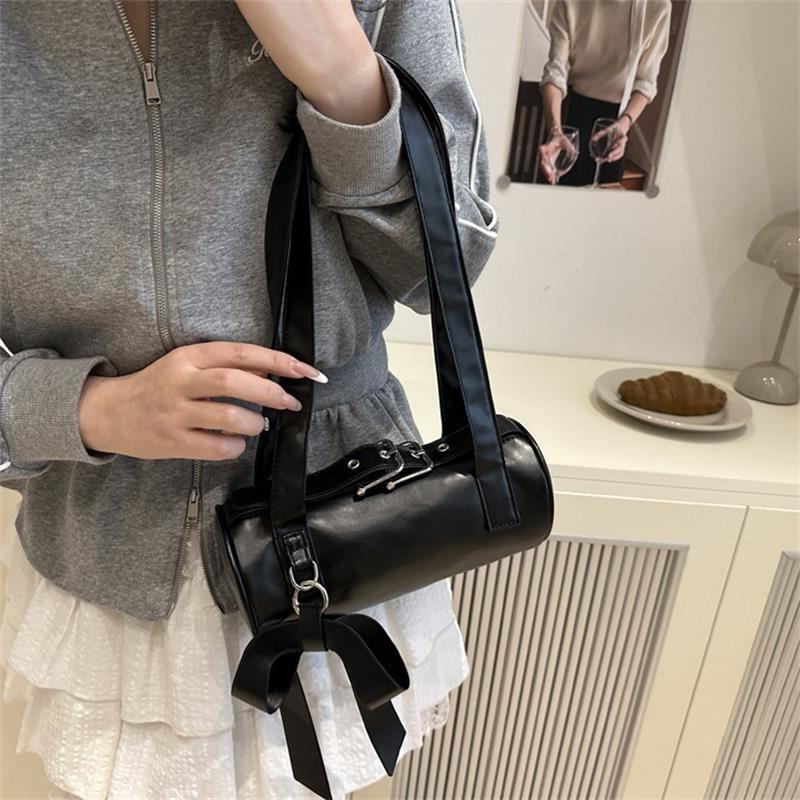 Trendy Cool Bowknot Tubular Cylindrical Pu Shoulder Bags Girly Handbag Armpit Bag Women Design Sense Commuter Bags Gifts