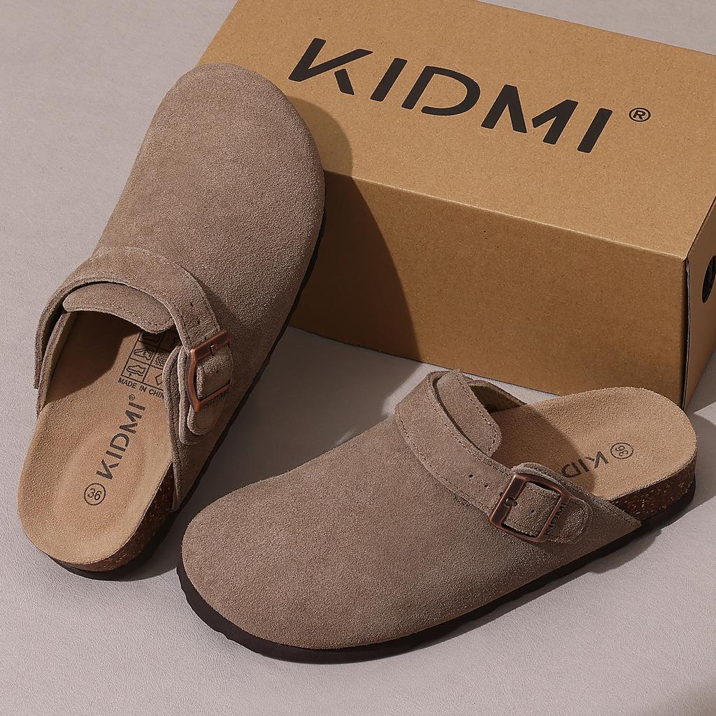 Fashion Shevalues Women Cow Suede Clogs With Adjustable Buckle Cork Leather Mules Comfortable Slip On Women Slippers Outdoor Cork Clogs