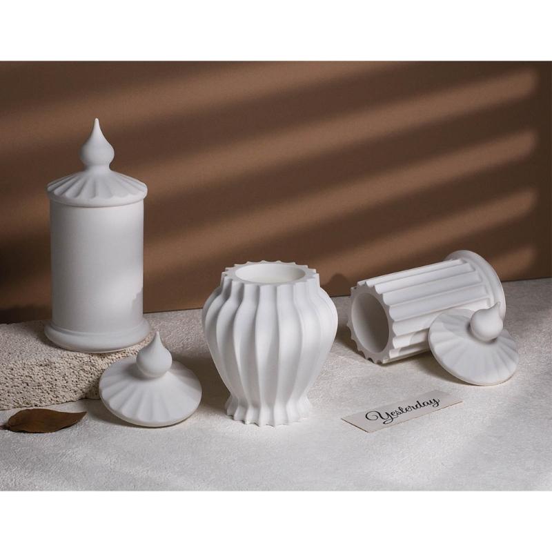 Striped Cylinder Resins Jar Molds Candlestick Molds for Making Candlestick Tealight Holder Storage Jar, Resins Lid Molds