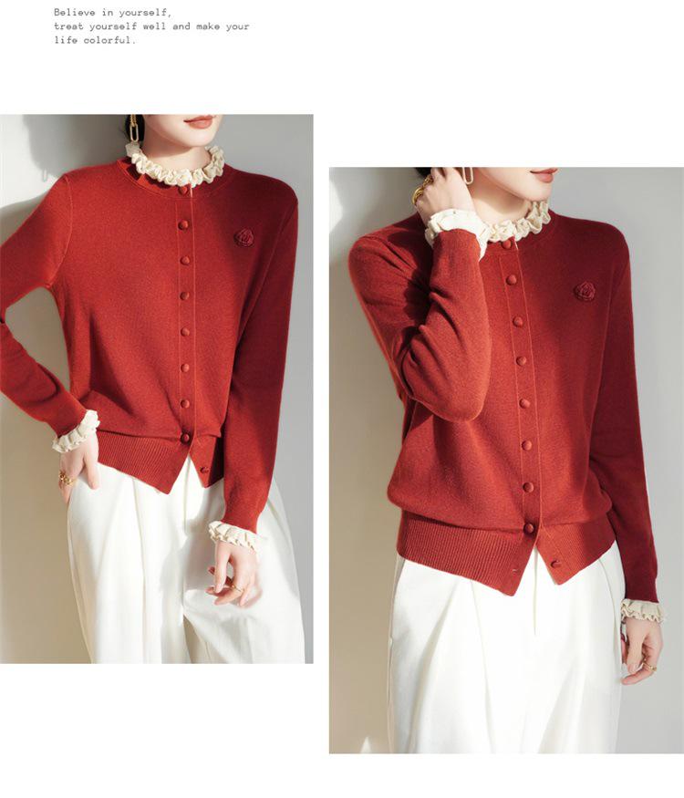 Damen-Cardigan aus gerippter Merinowolle mit Muschelkanten und Rosenstickerei Herbst/Winter 2025