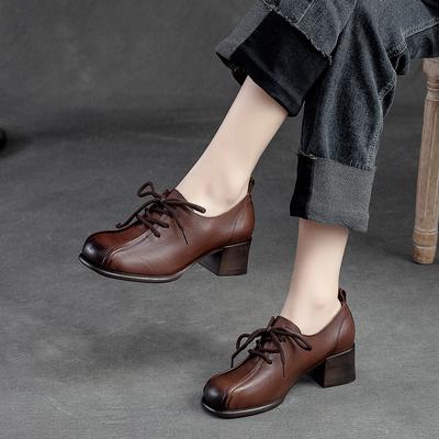 Spring Autumn Retro Women Solid Color Pumps Leather Round Toe Handmade Lace-up Shoes Med Heels