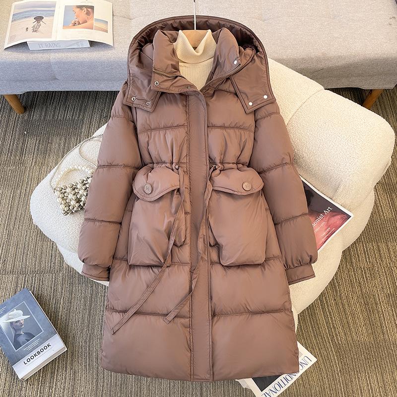 Daunenjacke Damen Winter Neuer Stil Lang Knielang Baumwolljacke mit Taille und Verdickte Baumwolljacke