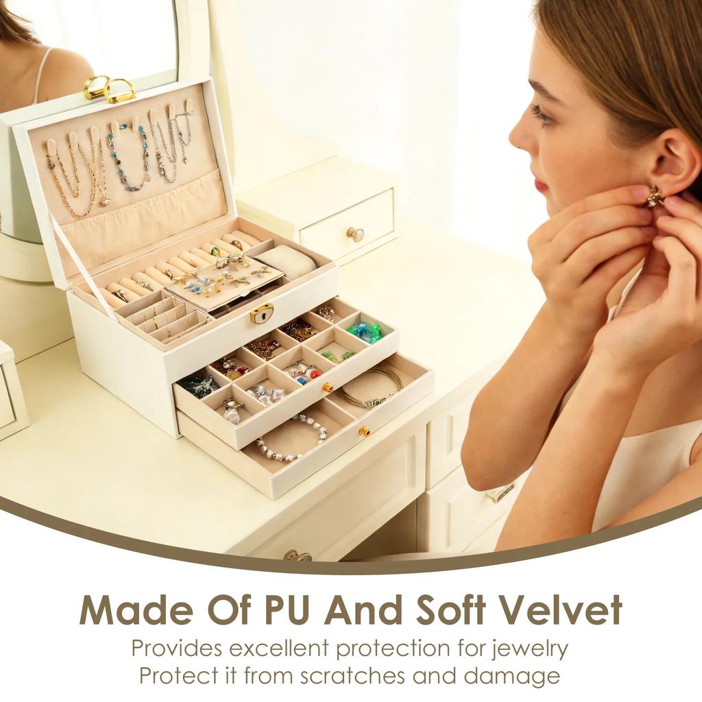 3-Layer Jewelry Box PU Velvet Liner Jewelry Storage Box with Lock Earring Necklace Bracelet Ring Organizer Jewelry Display Stand