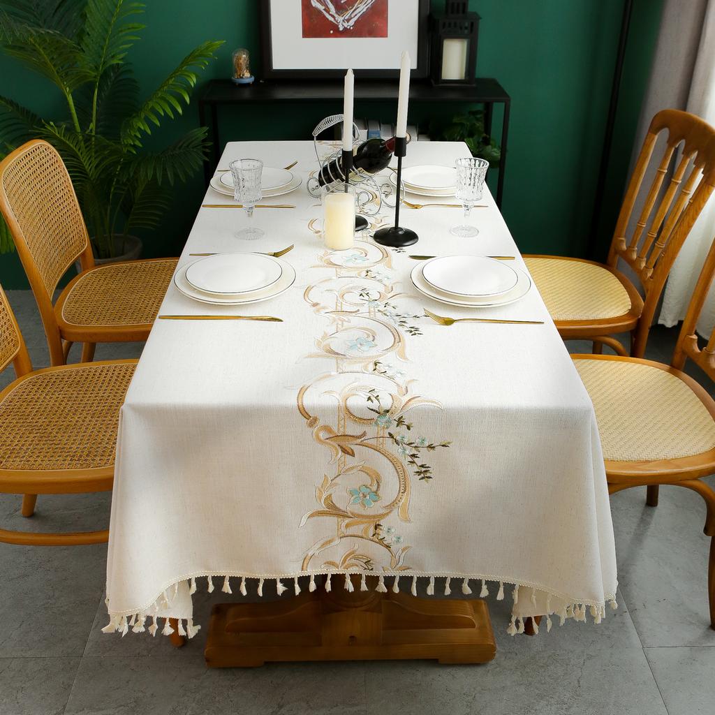 Cotton Linen Embroidery Tablecloths Rectangle Dust Proof Table Cover, Embroidery Flower Pattern Table Cloths,Party  Decor