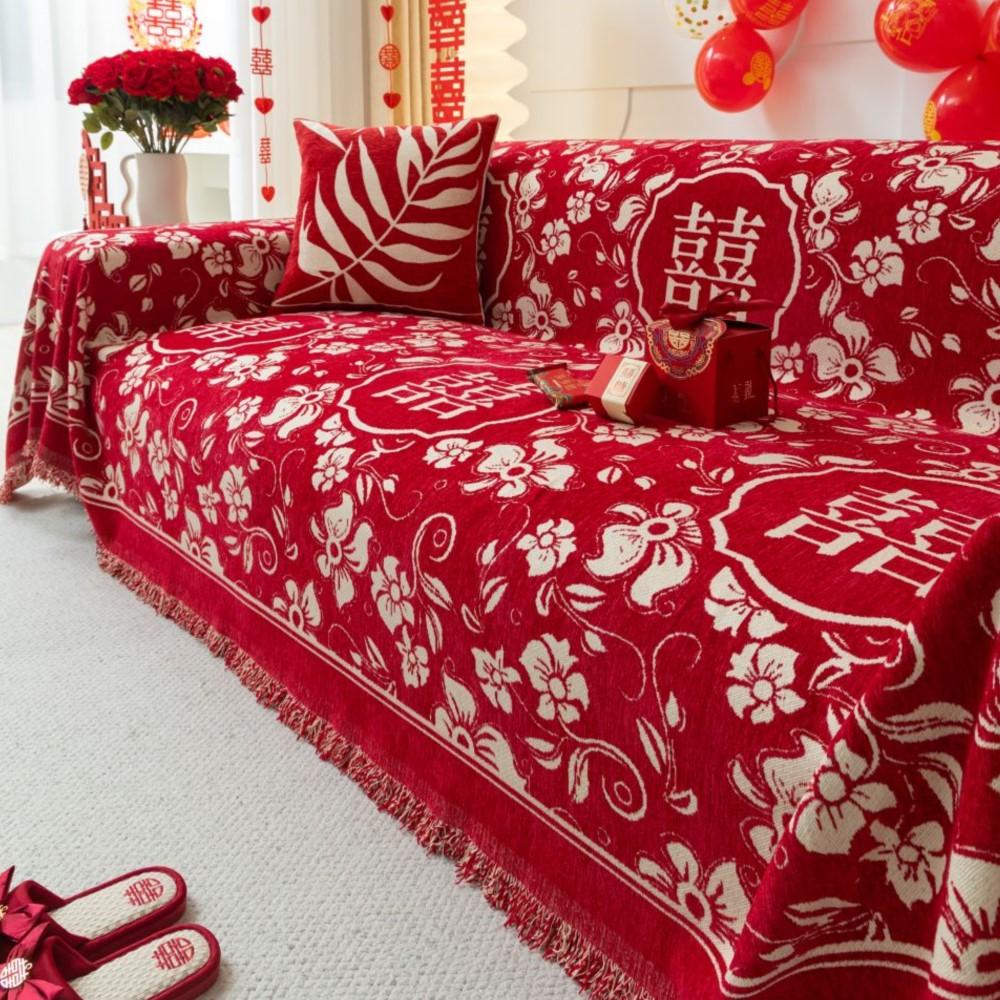 Chinese Wedding Sofa Cushion Cover Double Side Couch Cover Sofa Slipcover Universal Jubilant Anti-cat Sofa Cover 1.2.3.4 Seat