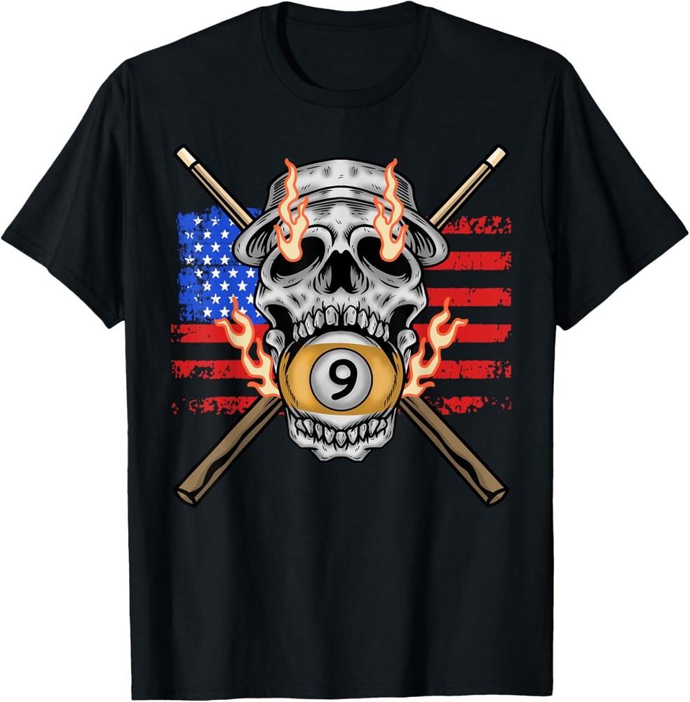 NEW LIMITED 9 Ball Billiard Pool Player American Flag Skull Billiards T-Shirt Unisex T-Shirt