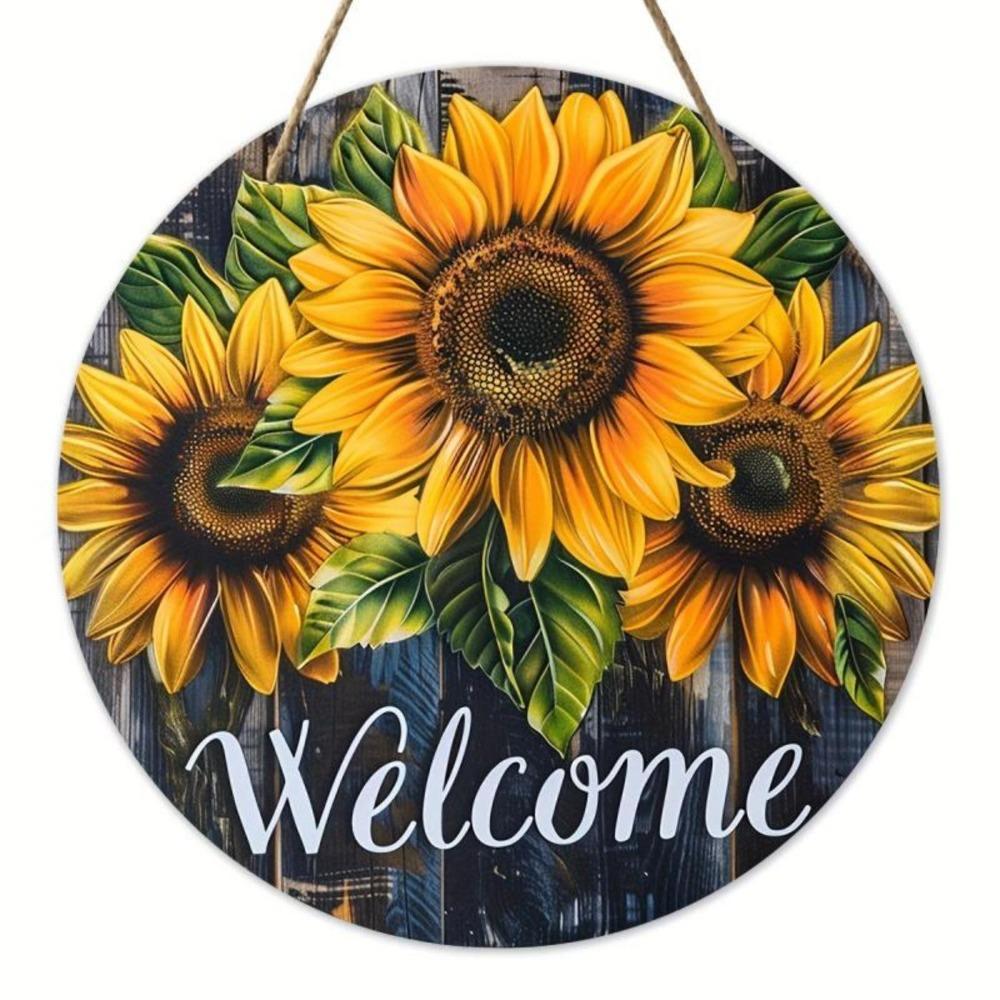 Hisun Tin Sign Vintage Welcome Sunflower Metal Tin Sign Retro Rustic Yellow Sunflower On Dark Wood Round Wall Art Decor Classic Farmhouse Flo