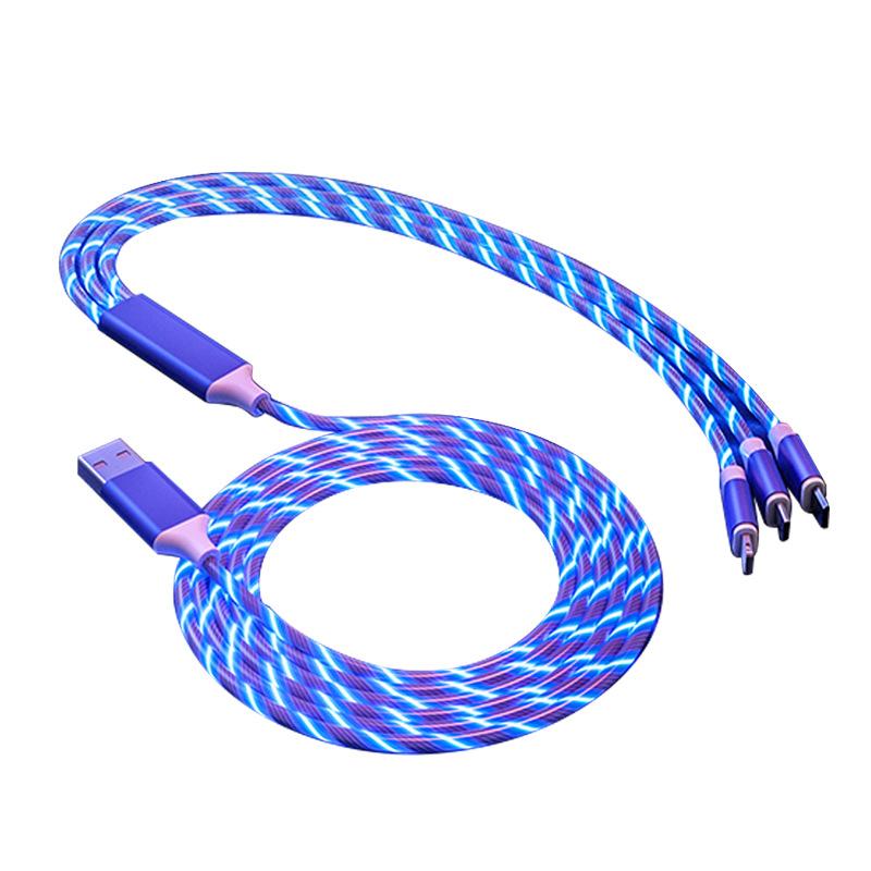 High-Speed 3-in-1 Phone Charger with Glowing Flowing Light Trending Fast Charging USB Data Cable Arrivals 1.2 m синий