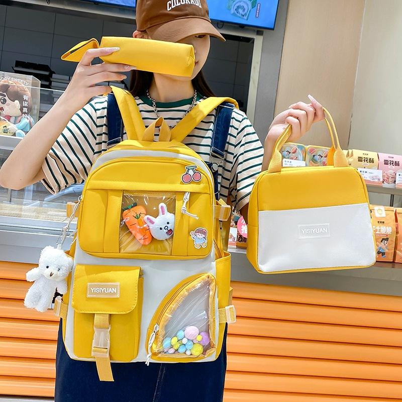 School Bag New Canvas Backpack Women's Small Fresh Contrasting Color Backpack Three-piece Set Junior High School Versatile Campus School Bag Tide