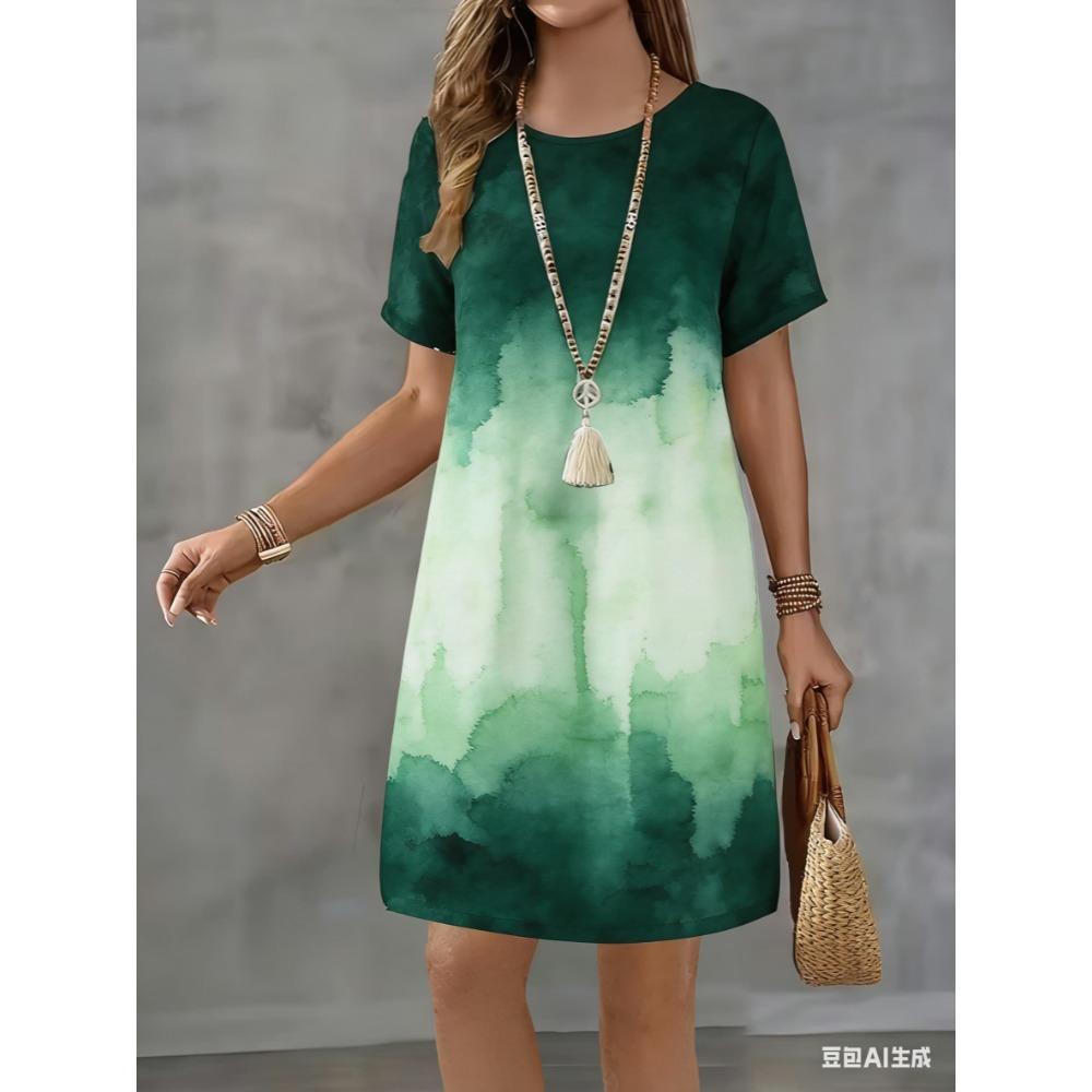 Classic Black and White Gradient Tie-dye Printed Long-sleeved Casual Mini Dress for Large Size Women In Summer, Suitable for Short Sleeves.