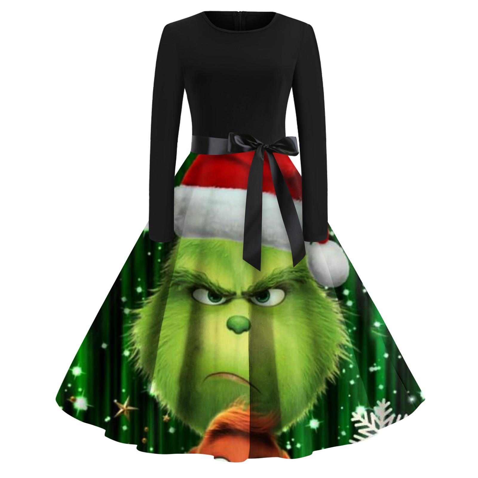 

Women s Christmas Print Flare Dress For Women Long Sleeve Dress Party Casual Dresses XXL