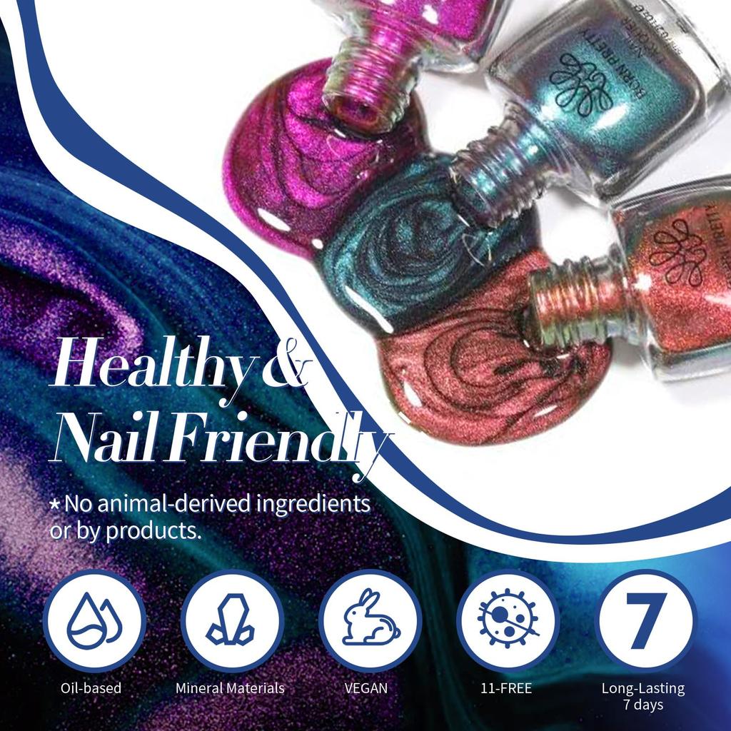 BORN PRETTY Cat Eye Nail Polish Holographic Chameleon Galaxy Magnetic Nail Polish with Black Magnetic Salon Home Gift for Women 5-Color Set,
