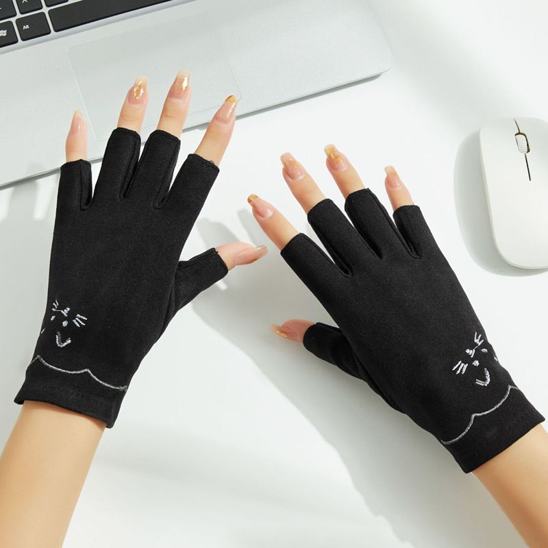 

Женские весенне-осенние рабочие студенческие перчатки для письма с открытыми пальцами De Rong [Half Finger] Embroider Cat-Black One size