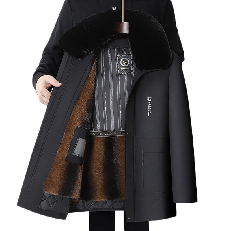 Winter Take-off Jacket Men's Medium Men's Fleece Thickened Cotton-padded Clothes Big Fur Collar Dad Medium and Long Coat