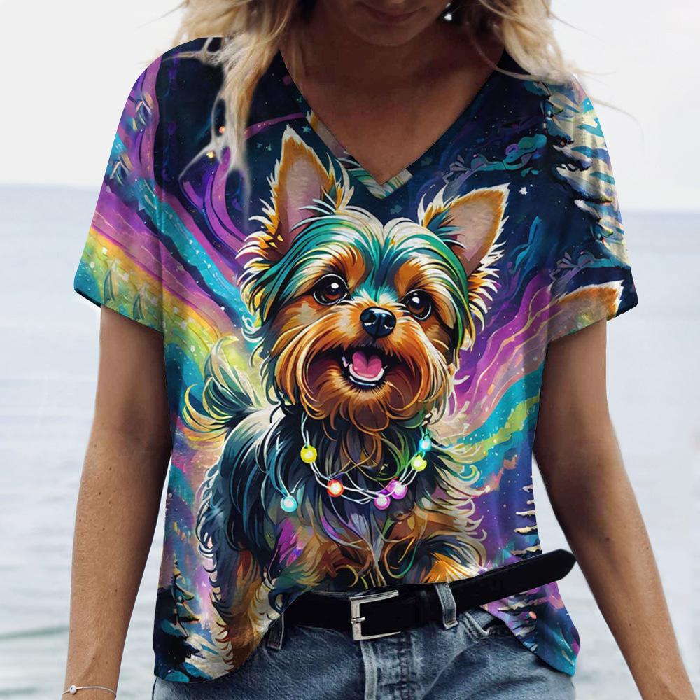 New Peacock Animal T-Shirts Cat Dog 3D Print Women V-Neck Short Sleeve T Shirt Y2K Tees Oversized Harajuku Top Female Clothing