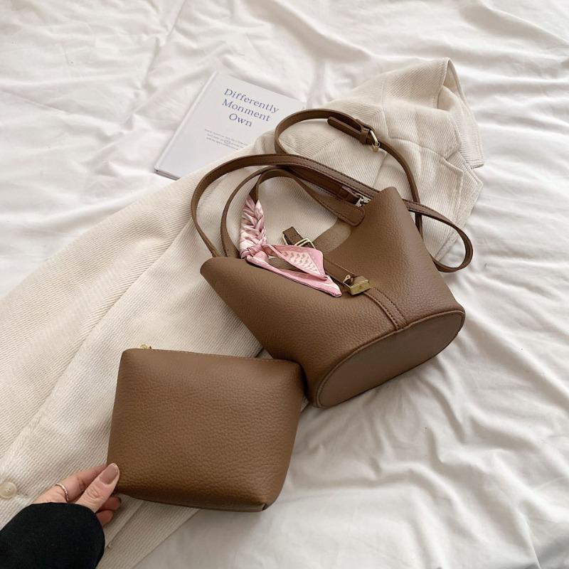 

Высококачественная женская сумка с узором личи, летняя новая сумка-ведро, модная универсальная плечевая сумка-тоут с шелковым платком коричневый