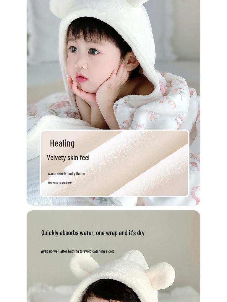 Hooded Coral Fleece Baby Bath Towel - Quick Dry, Water Absorbent, Swaddling Blanket for Newborns, Thickened for Autumn & Winter.