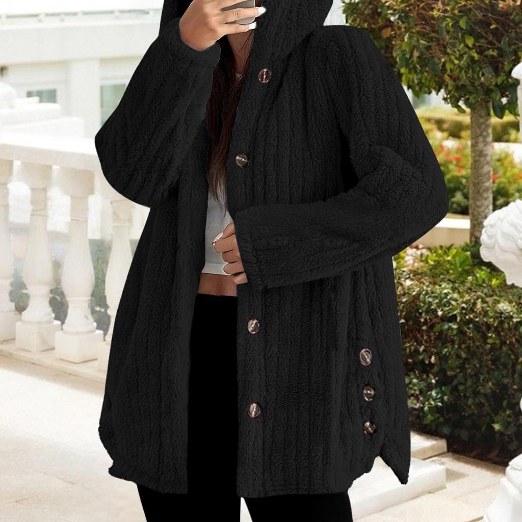 Women's Fashionable Coat Solid Color Long Sleeved Hooded Button Plush Warm Jacket