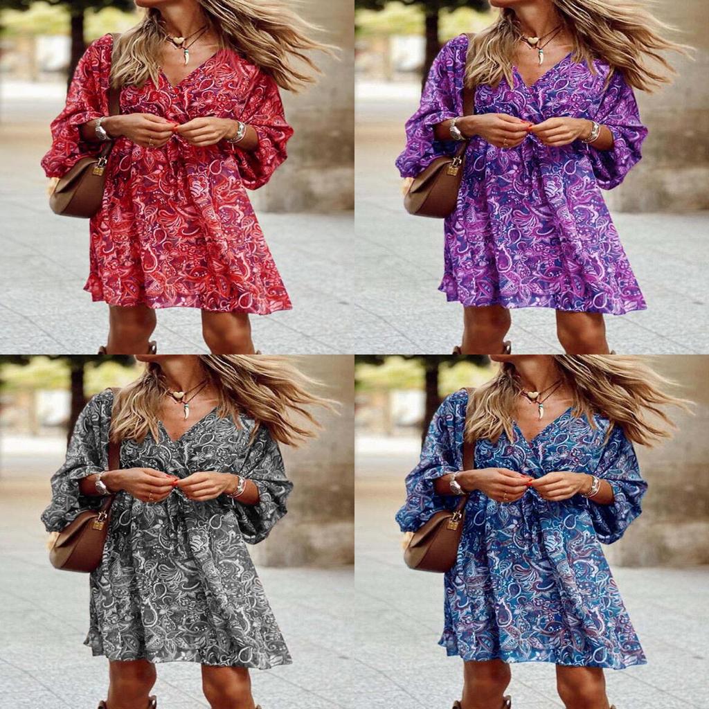 Summer Floral Print Polyester A Line Dress With V Neck And Mid Waist For Casual Wear