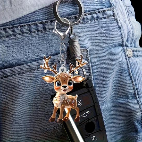 2D Flat Acrylic Elk Pendant Cartoon Deer Car Rearview Mirror Charm Christmas Tree Hanging Decoration for Auto Interior Accessories Holiday Window Wall