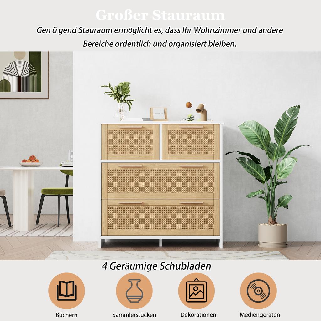 High-quality 4-drawer rattan cabinet with solid wood handles - Suitable for bedroom, living room, dining room, hallway - Dimensions: W80/H80/D38 cm