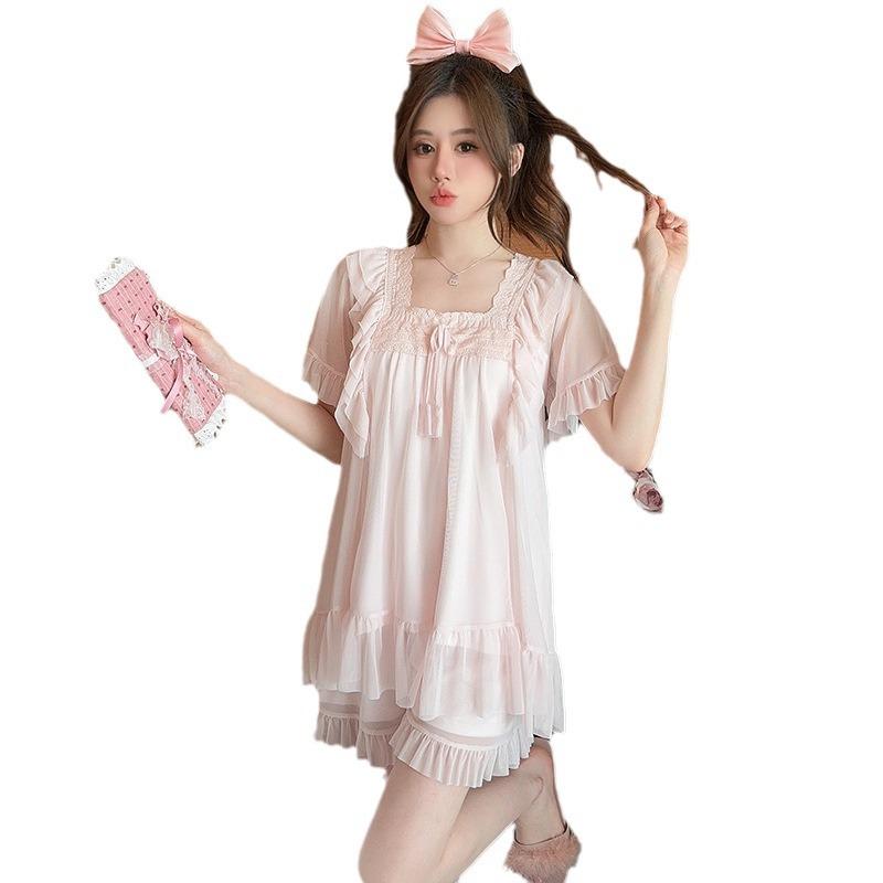 Linglei Summer Solid Color Square Neck Lace Sweet Loose Princess Wind Mesh Short Sleeve Pajama Set Loungewear