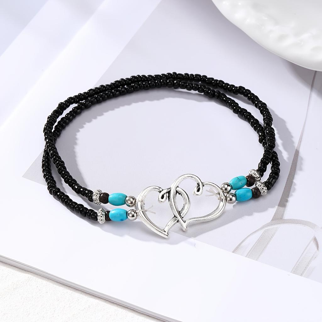 3PCS/Set Beaded Double Love Heart Elastic Boho Anklet Set Hollow Fashion Women Anklets Chic Anklets With Mini Seed Beads Multicolor  Accessories