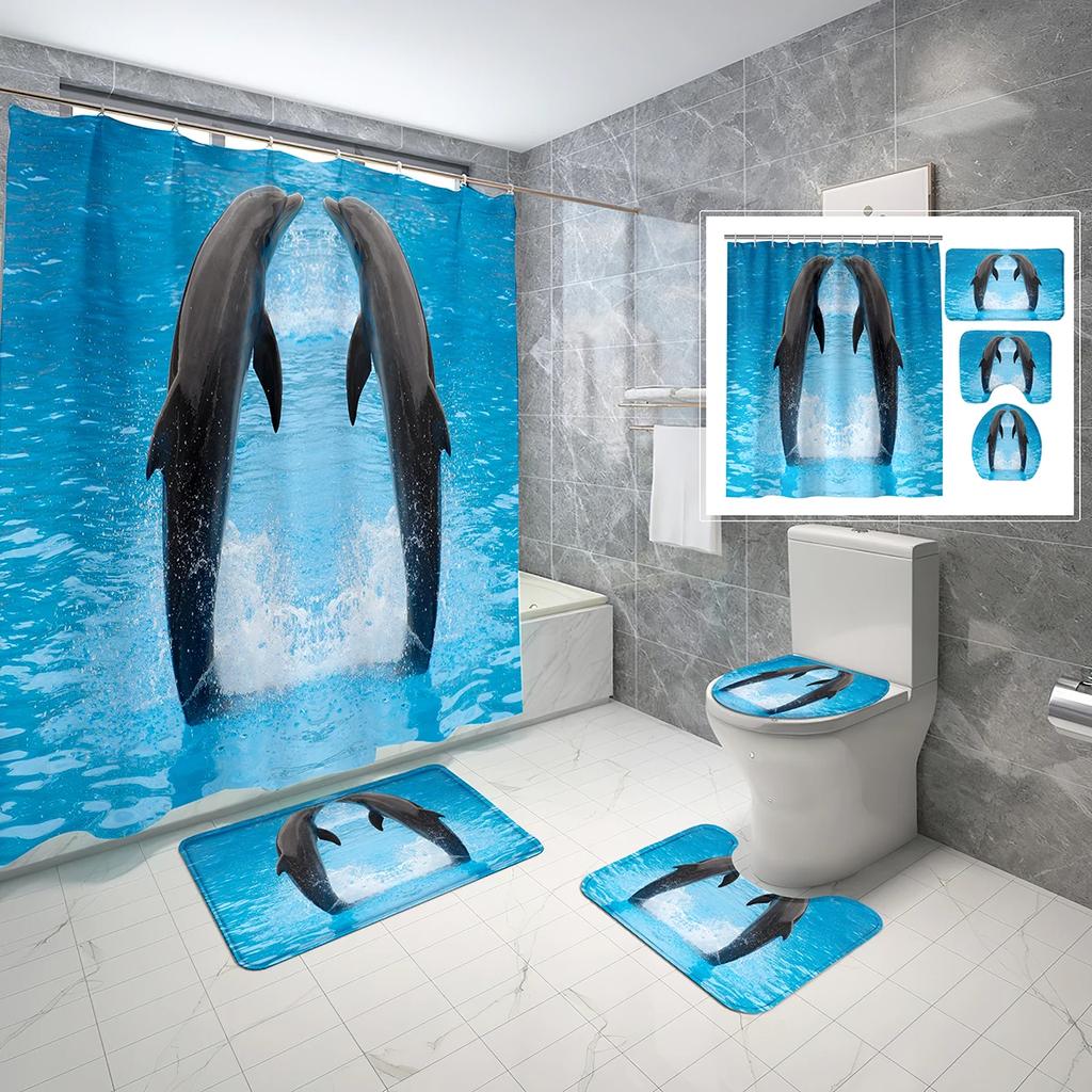 4 Sets Dolphin Shower Curtain Sets With Non-Slip Bath Mat,Toilet Lid Cover And Ocean Animals Blue Sea World Shower Curtain Set
