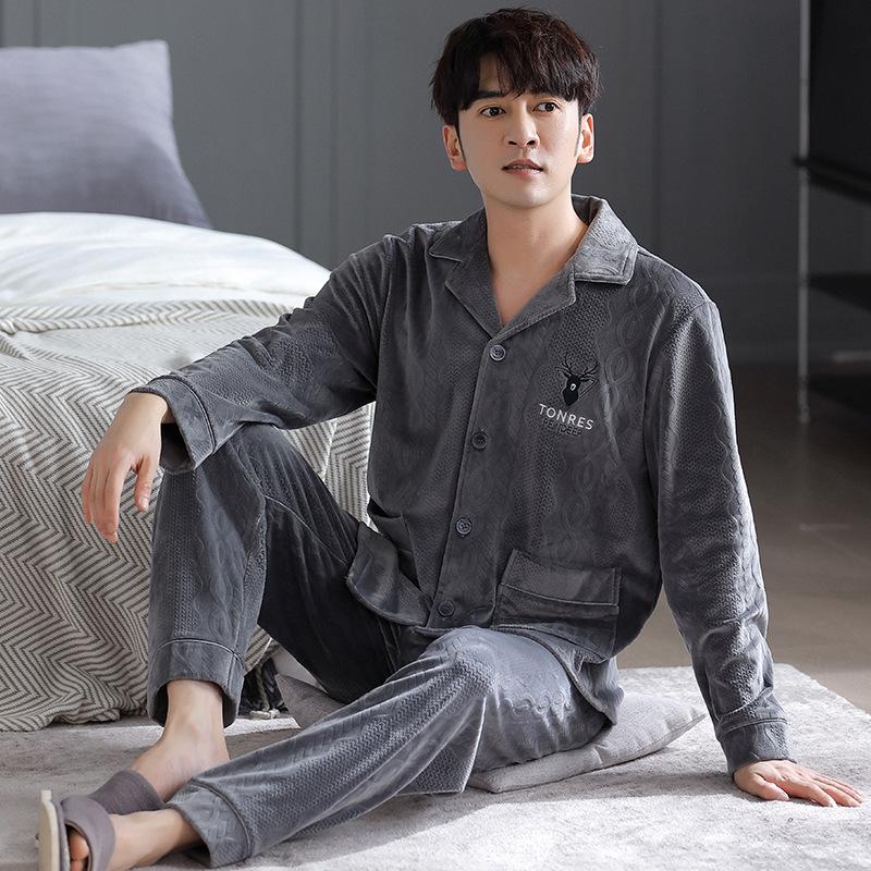 Island Fleece Pajamas Men'S Autumn And Winter Fleece Thickened Coral Fleece Thermal Loungewear Can Be Worn Outside The Suit