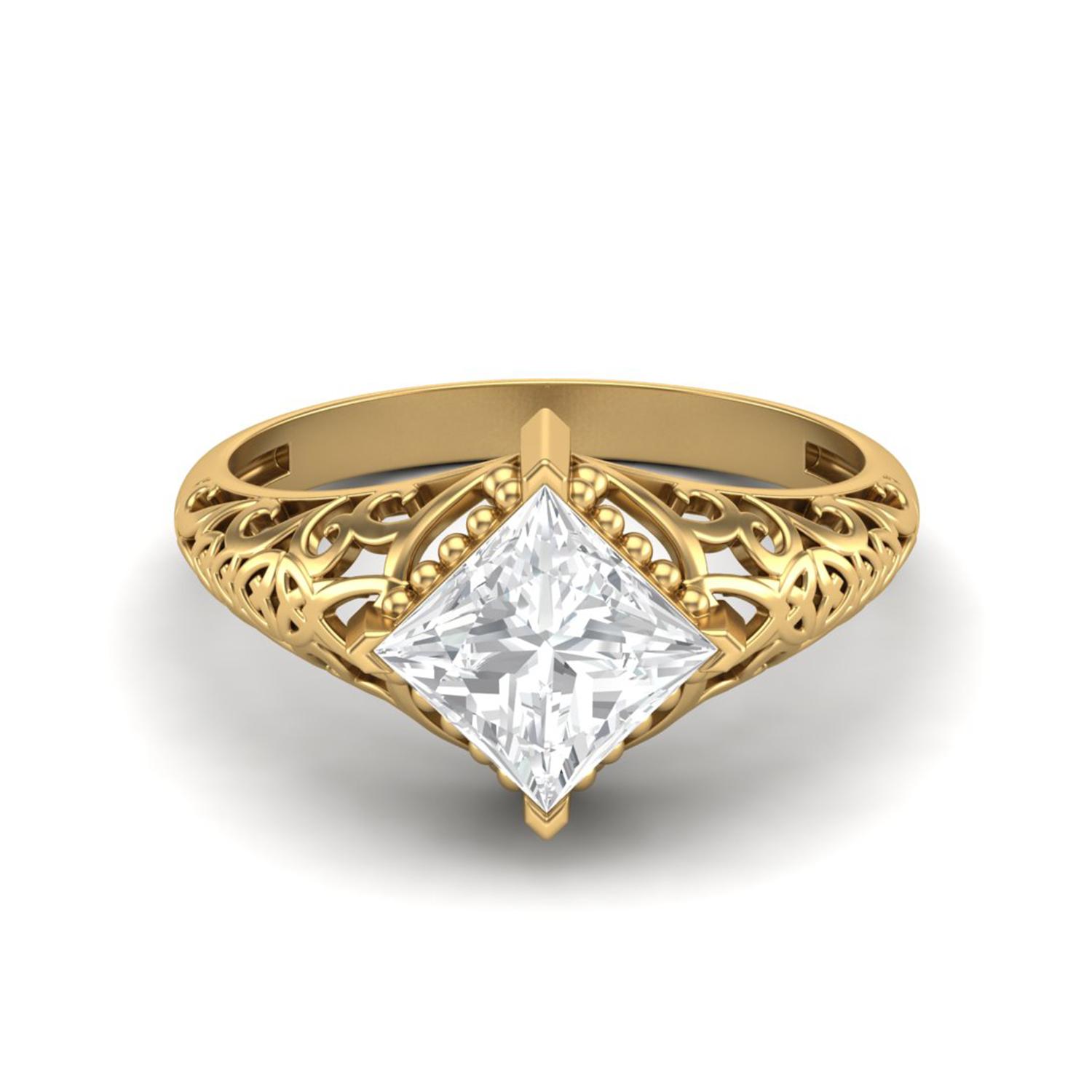 1.30 Ctw Square Moissanite Filigree 925 Sterling Silver Gold Vermeil Solitaire Women Wedding Ring