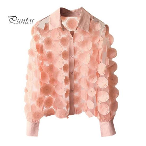 Women Summer Chiffon Shirt Lapel Lantern Long Sleeve Shirt Tops 3D Floral Print Semi-Sheer Mesh Splicing Single Breasted Blouse