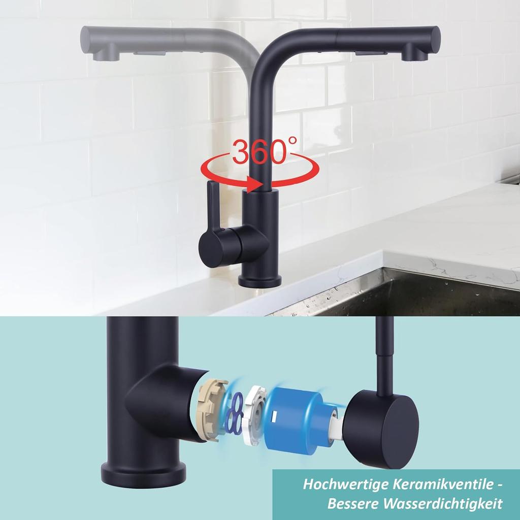 Mattschwarzer Küchenarmatur mit Pull-Down-Sprüher, Einzelgriff, Küchenspüle-Wasserhahn aus Edelstahl, langlebiger Spülbecken-Wasserhahn für die Küche