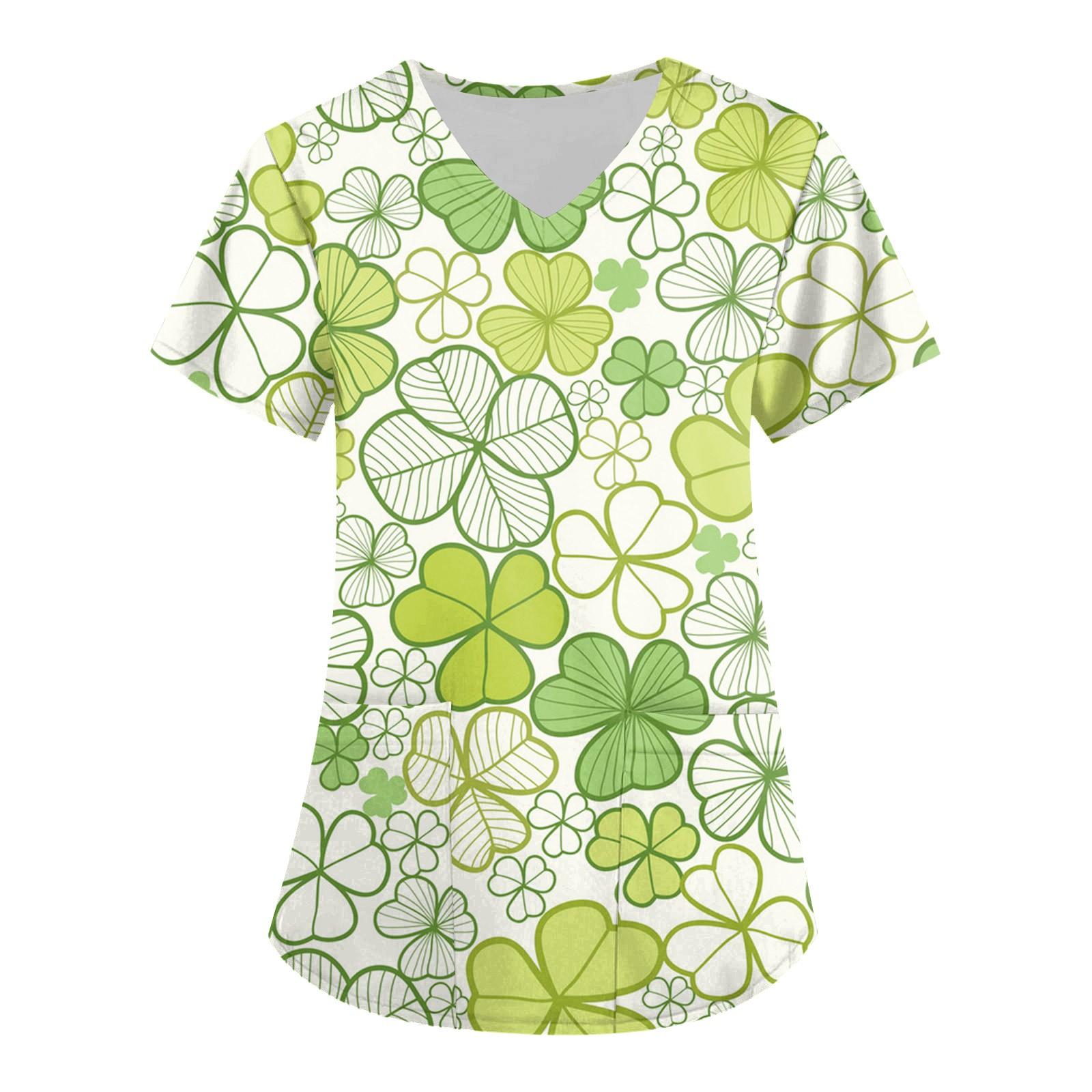 

Женская модная рабочая одежда с v-образным вырезом, короткими рукавами и карманами St. Топы с принтом ко Дню Святого Патрика M бежевый