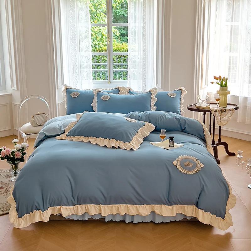 

Ins Princess Bedding Set Ruffle Duvet Cover Set Korean Design Skirt Sheet Set Women Girls Bedroom Decor Luxury Bedding Set Skirt Sheet&3pcs 1.2m bed темно-синий