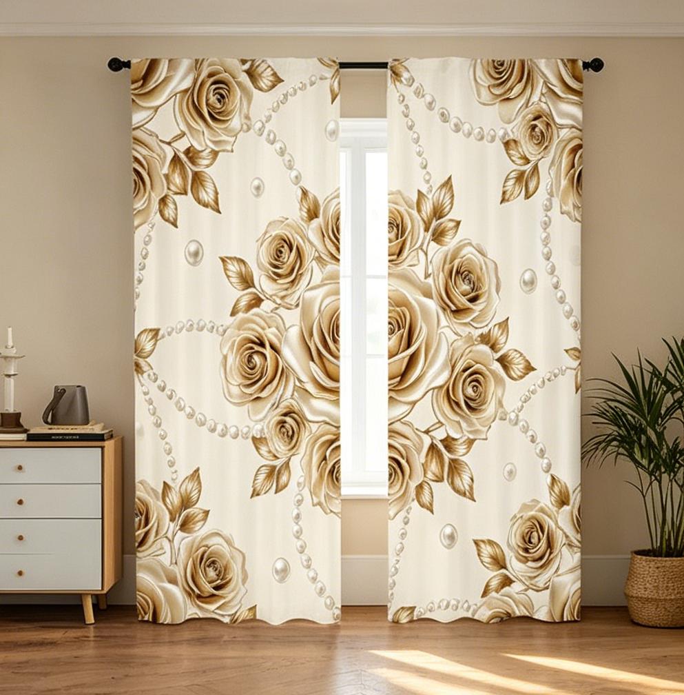 2PCS Digital Printed Curtains, Pearl Shimmer Rose Luxurious Elegant, Rod Pocket Window Drapes for Living Room Bedroom Decor