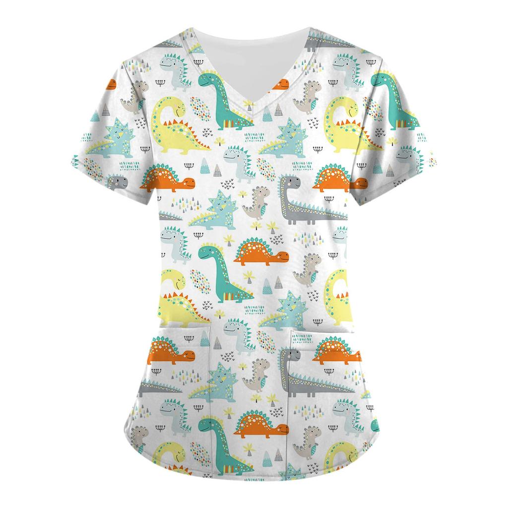 Women's Cute Animals Printed Short Sleeve V-neck Tops Working Pocket Blouse