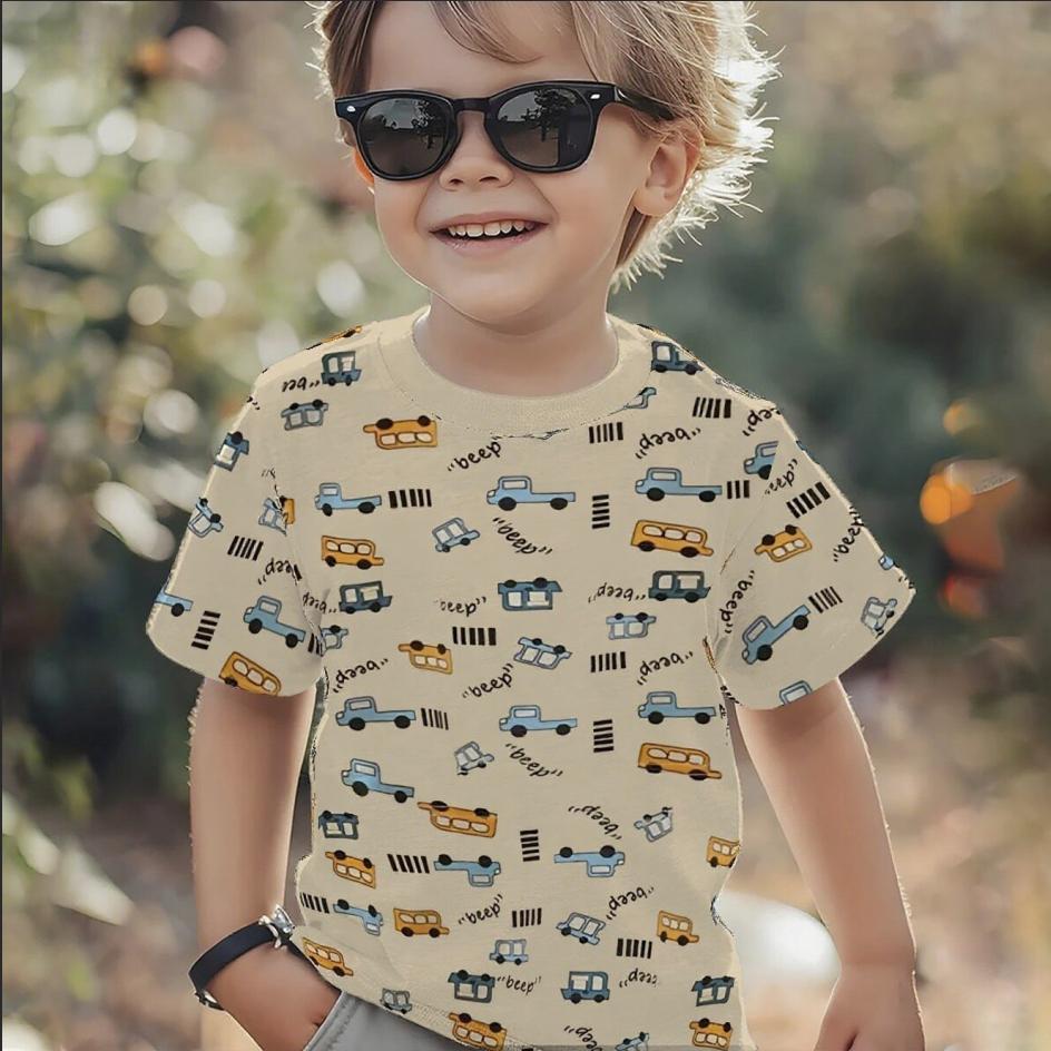 Summer Round Neck Vehicle Themed 3D Printed Top Fashionable Casual Short Sleeved Children's Boy T-shirts