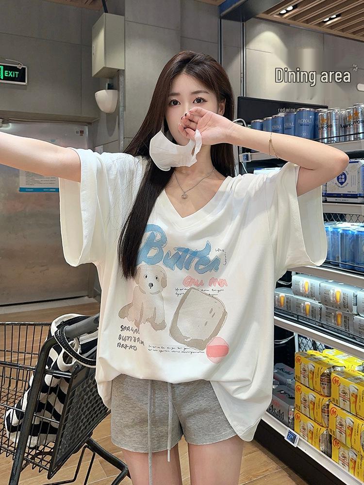 2025 Summer New Women's Influencer V-neck Loose Cartoon Print Short Sleeve T-shirt