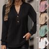 Women Long Sleeve V Neck Button Solid Color T Shirt