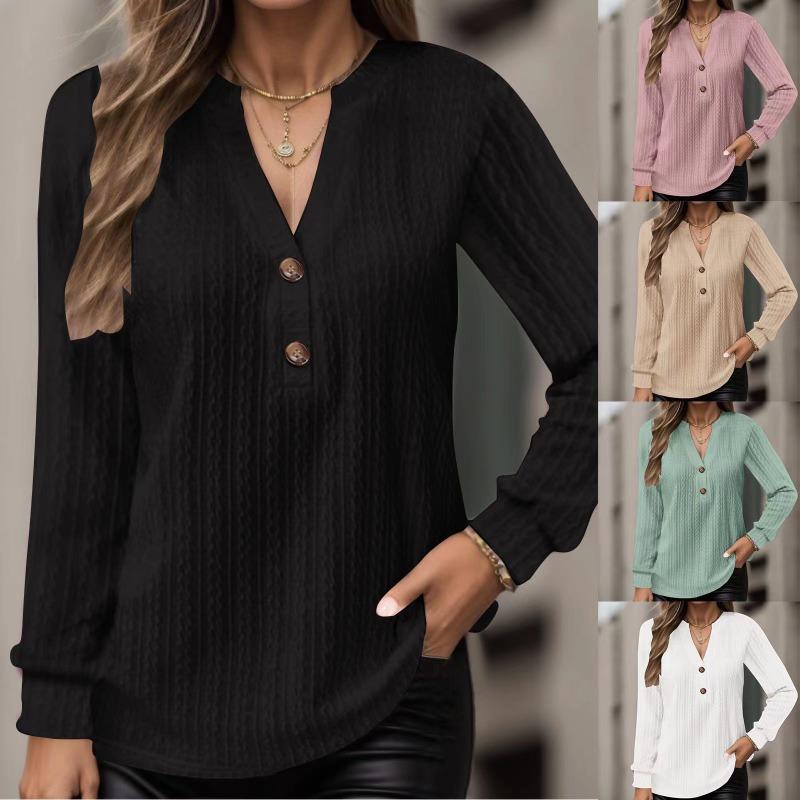 Women Long Sleeve V Neck Button Solid Color T Shirt