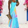 Women Plus Size Scoop Neck Strappy Sleeveless A Line Printed Bright Blue Maxi Dress