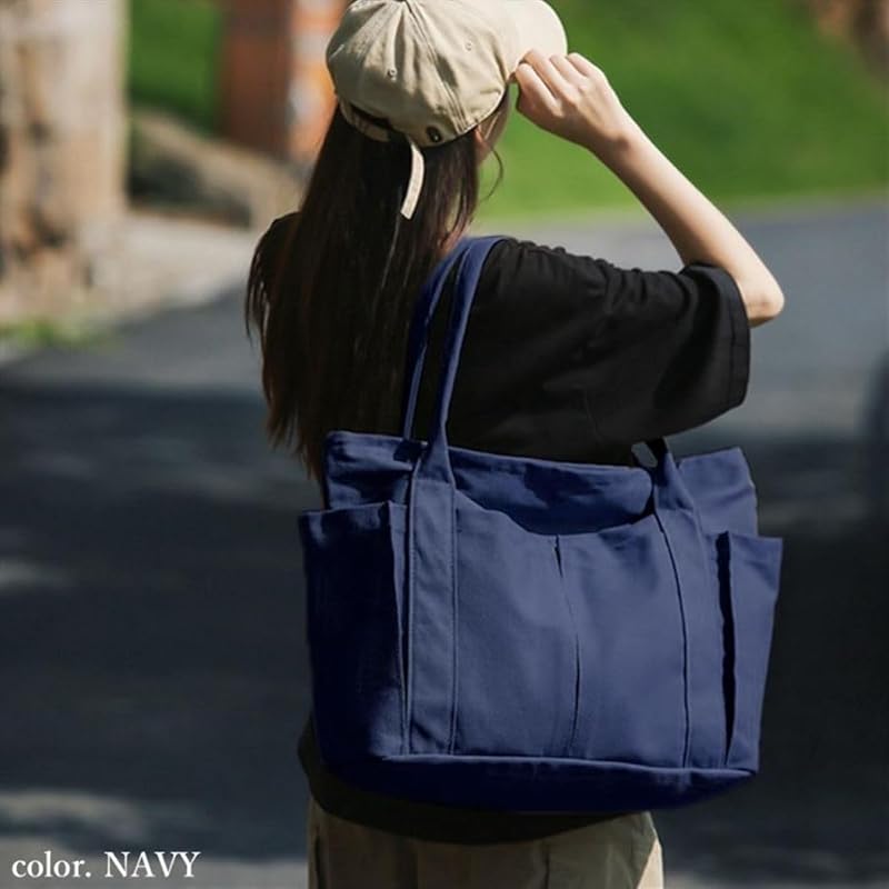 [FashionBerry] navy tote bag canvas ladies big mothers bag commute Commuting to school large capacity Fashionable canvas a4 cloth with pocket