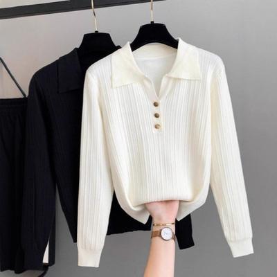 Spring and Autumn Collar Autumn Wool Knitted Sweater Knitted Short Thin Lapel Long Sleeve Casual Sweater Women's Versatile