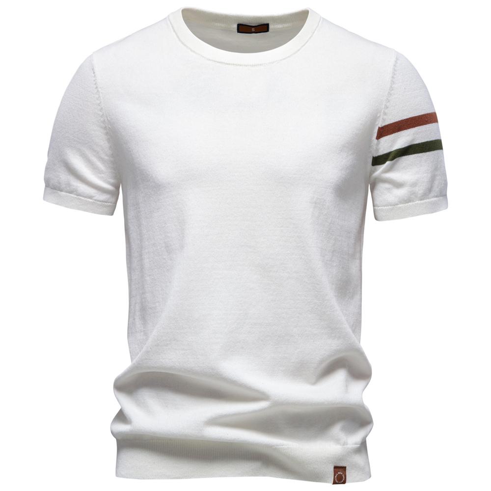 AIOPESON Herren T-Shirt 100% Baumwolle Gestreifte Ärmel Rundhals Smart Casual Old Money Basic T-Shirt Atmungsaktives Sommer Strickoberteil